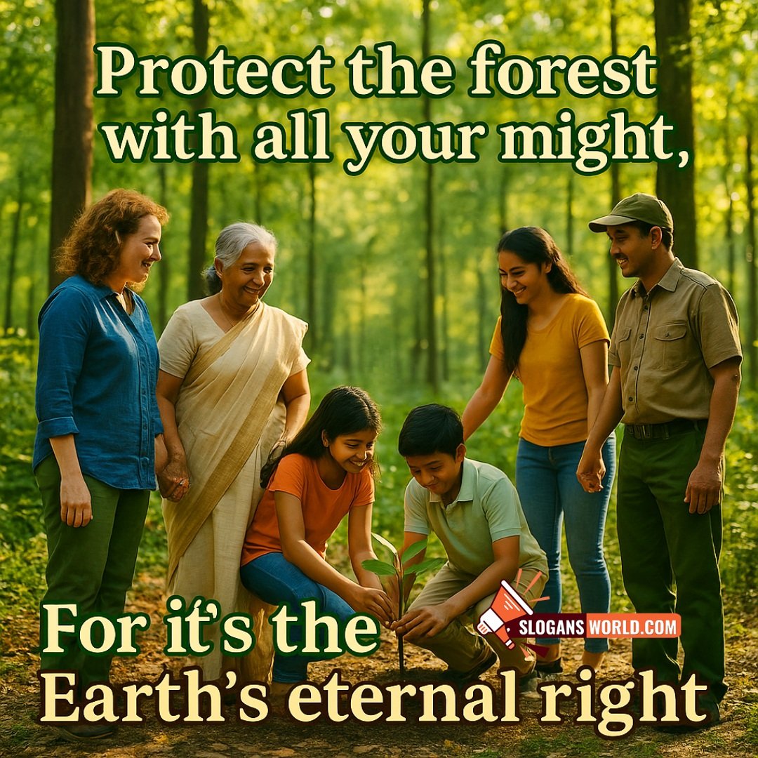 Action‑oriented Forest Protection Slogans Image featuring a photorealistic group of people protecting and planting trees in a lush forest, symbolizing Earth’s shared responsibility.