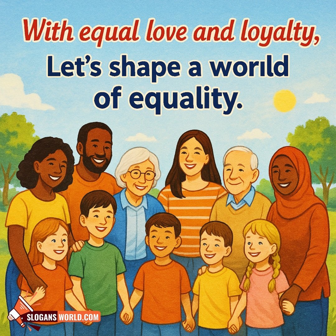 Gender Equality Slogans Image featuring people of diverse backgrounds standing together in a sunny park, symbolizing love, support, and harmony.
