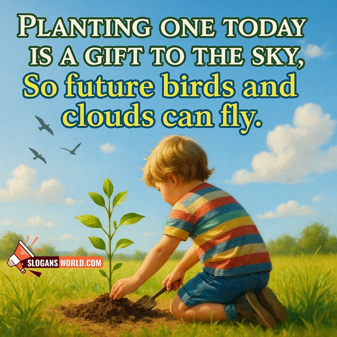 Tree Planting Slogan Image showing a child from behind planting a sapling under a bright blue sky with birds flying overhead, symbolizing hope, nature care, and future growth.