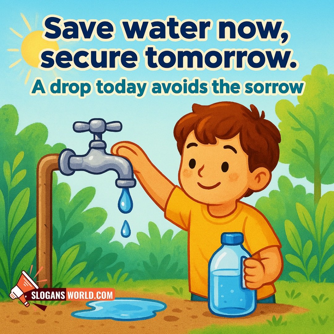Water Conservation Slogan Image – A child turning off a tap with greenery in the background, symbolizing the value of every drop and the need to save water.