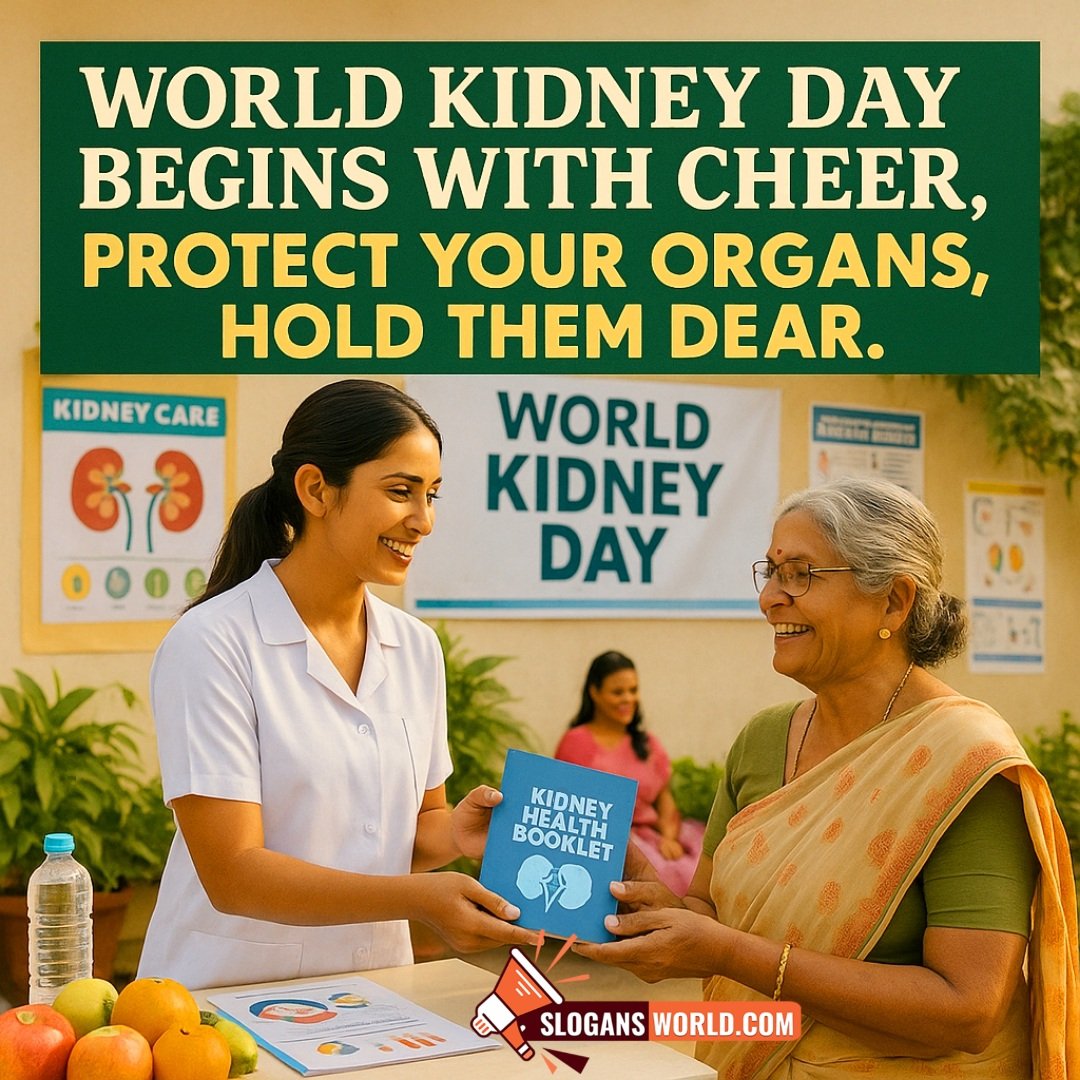 World Kidney Day slogan featuring nurse giving health booklet to elderly woman at awareness camp, symbolizing cheerful prevention and organ care.
