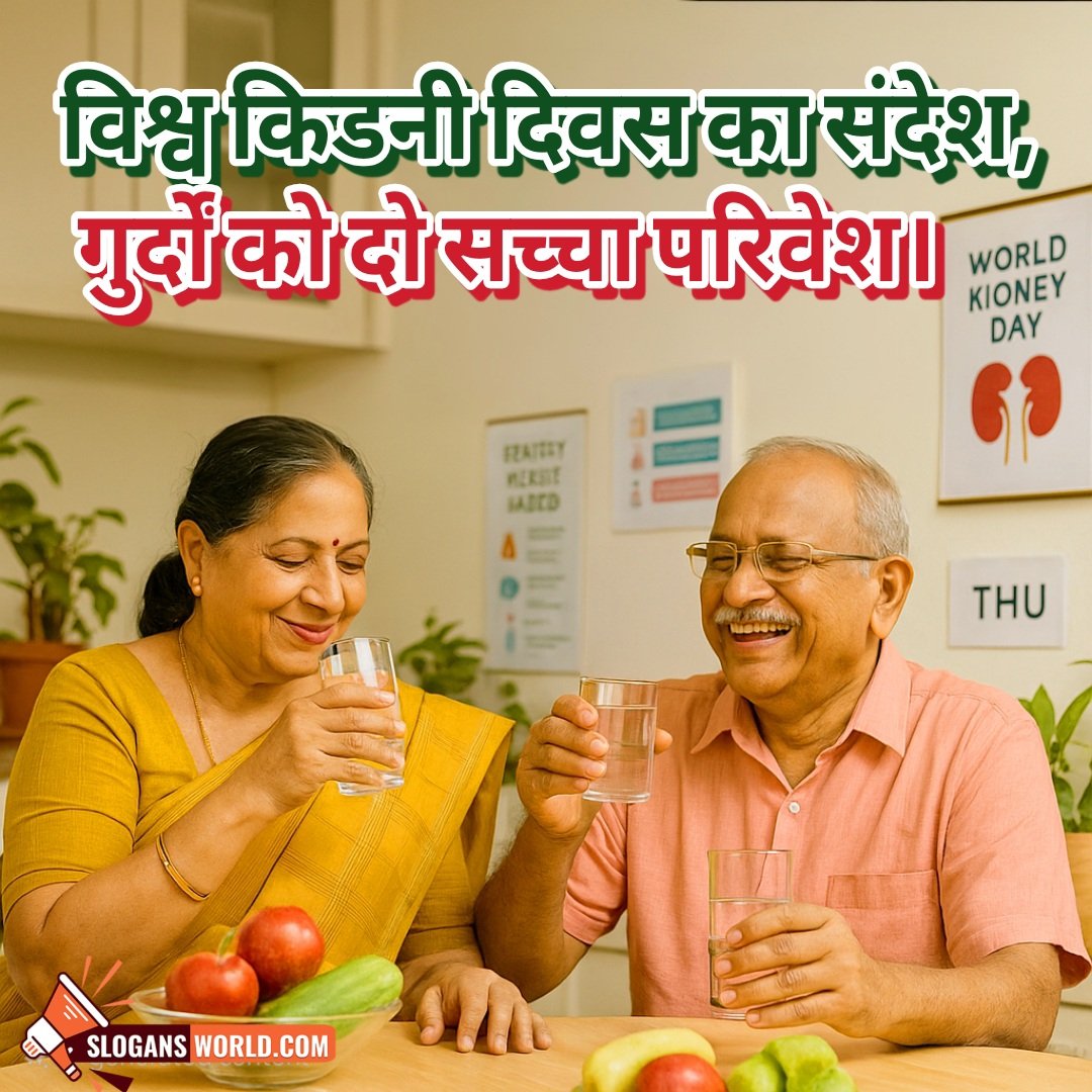 World Kidney Day slogan in Hindi featuring senior couple with water and fruit in clean home, symbolizing healthy lifestyle and kidney protection.