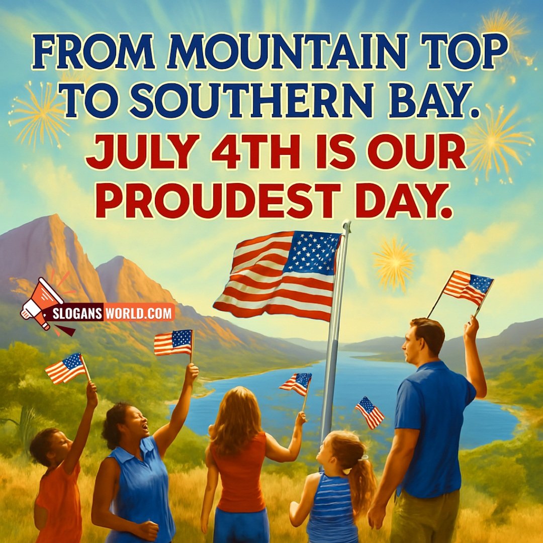 Patriotic July 4th Slogan featuring mountains and southern bay with waving flag and diverse citizens, symbolizing national pride across the country.