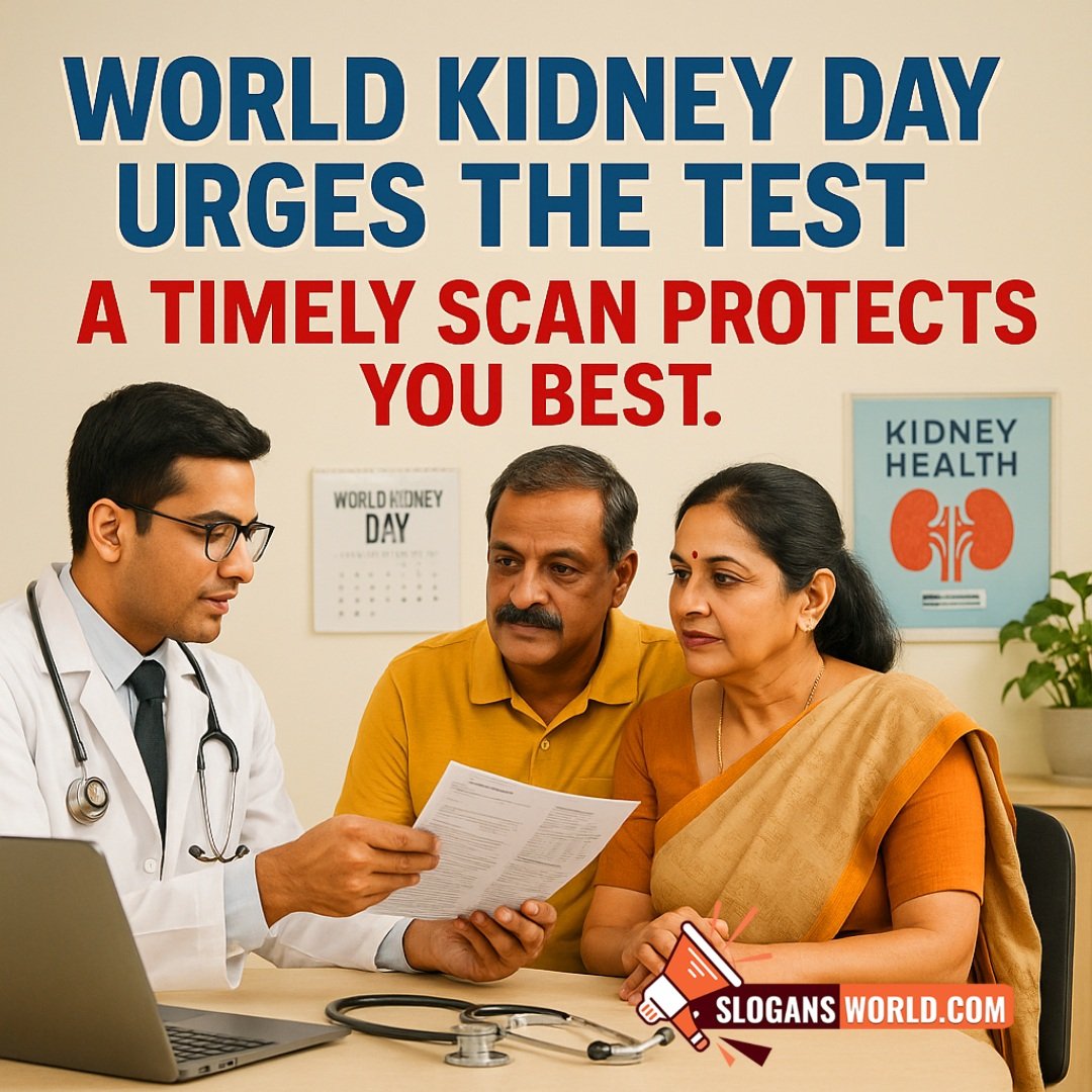 World Kidney Day slogan featuring doctor consulting patients with health reports, symbolizing timely testing and kidney care awareness.