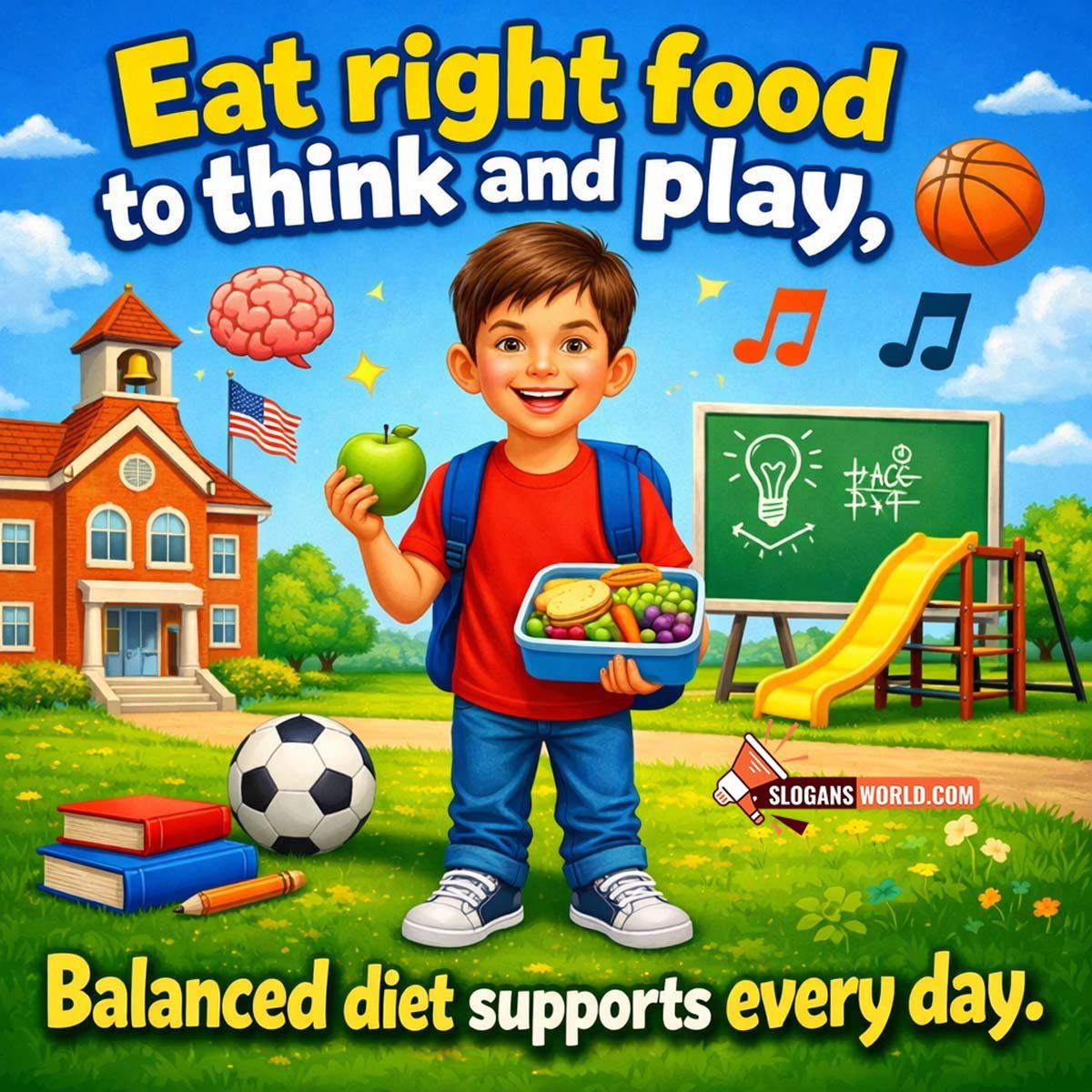 Balanced Diet Slogan for Kids and Students Image featuring a schoolboy with healthy lunch, books, and sports items, symbolizing growth, learning, and daily energy through good food.