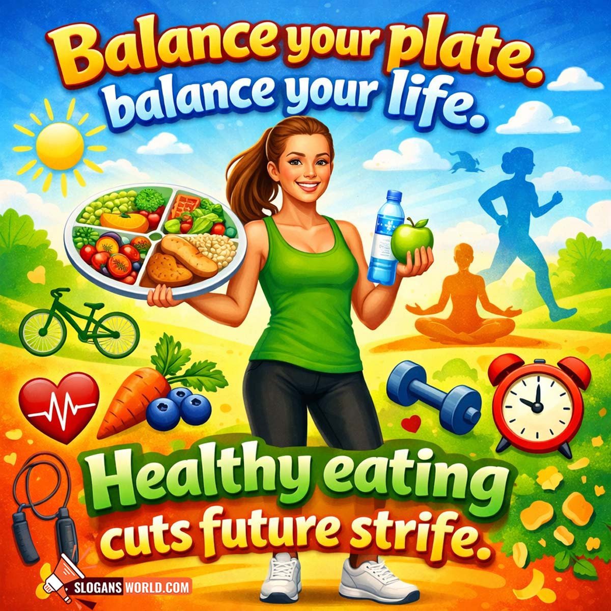 Balanced Diet and Healthy Eating Slogan Image featuring a woman holding a balanced meal plate with fitness and lifestyle icons, symbolizing harmony between nutrition, exercise, and healthy living.