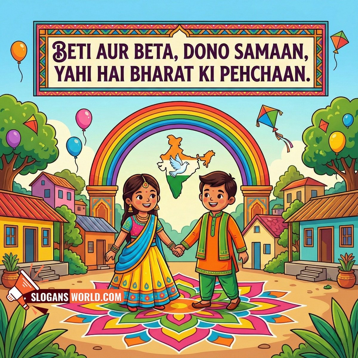 Beti Aur Beta Dono Samaan Slogan image featuring a young girl and boy holding hands under a rainbow, symbolizing equality, unity, and respect.