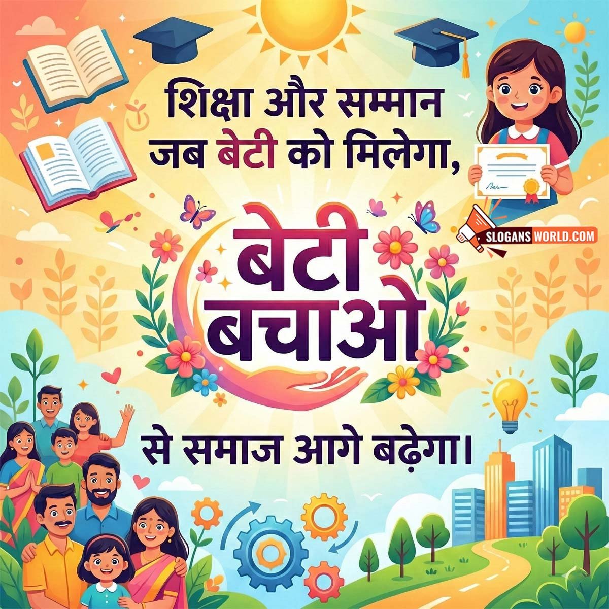 Beti Bachao Education Samman Slogan Image featuring a girl holding a certificate with family and city symbols, symbolizing education, dignity, and social progress.