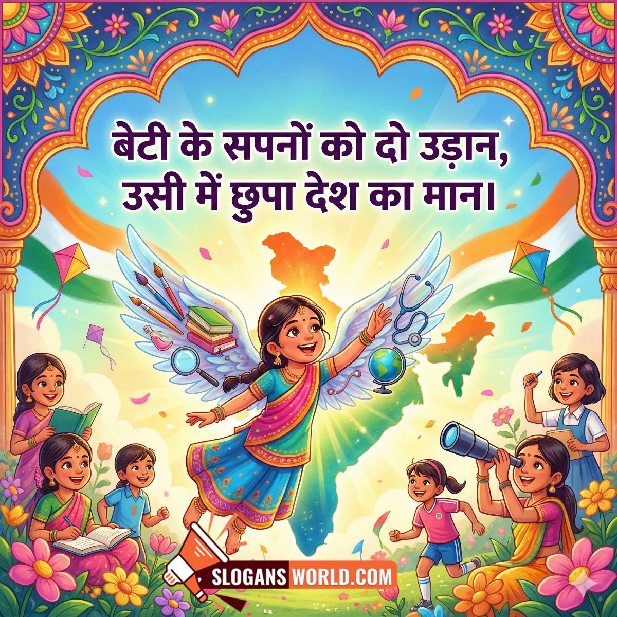Beti Ke Sapno Ko Udaan Slogan image featuring a girl flying with wings over India, surrounded by learning, creativity, and future dreams.