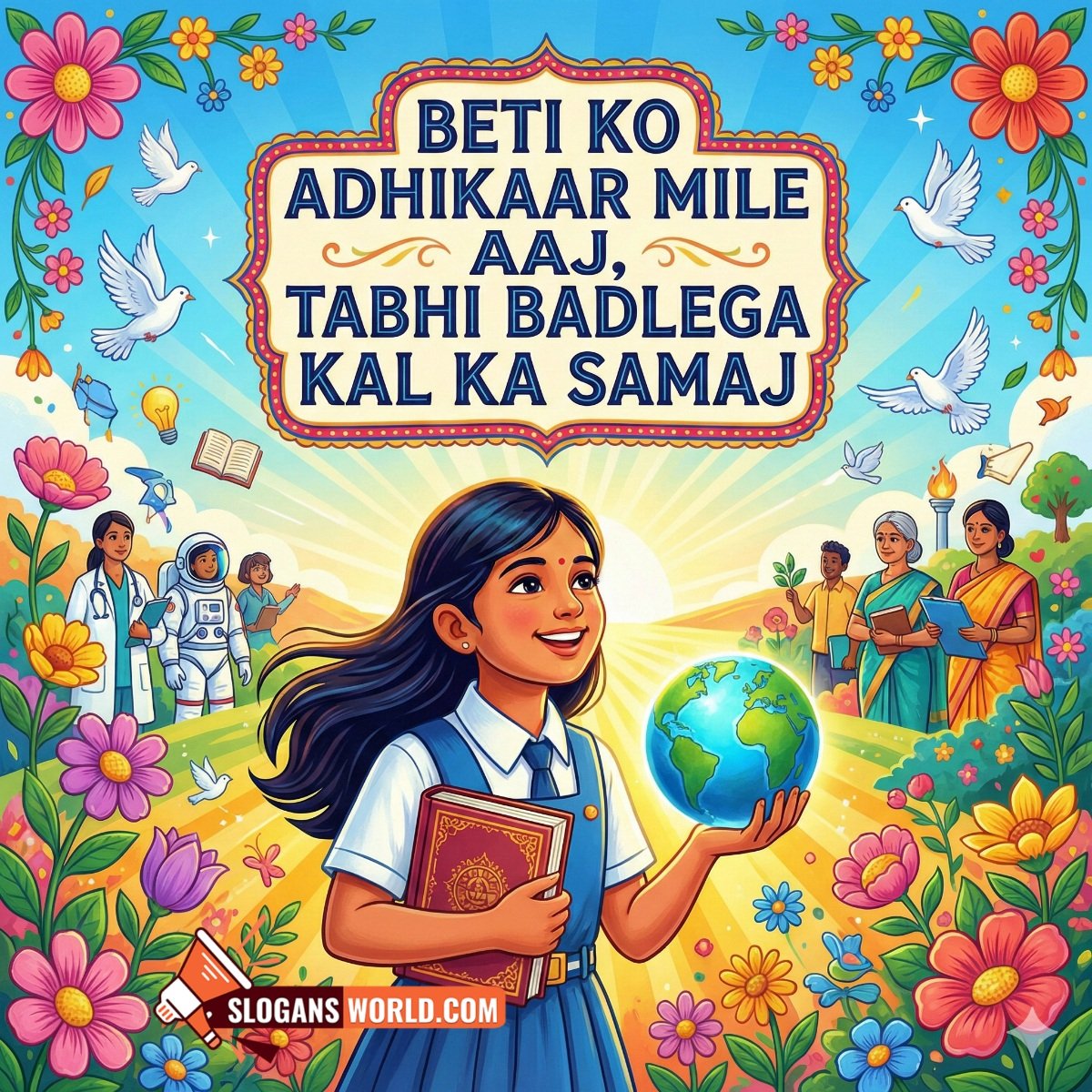 Beti Ko Adhikaar Mile Slogan image featuring a girl holding a book and globe with symbols of education, rights, and empowerment.