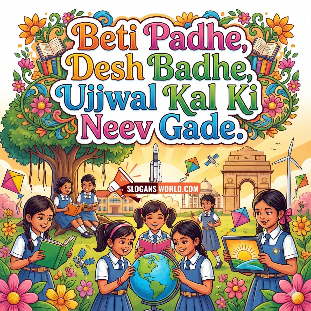 Beti Padhe Desh Badhe Slogan image featuring schoolgirls studying together, reading books, holding a globe, and symbols of education shaping a bright future.