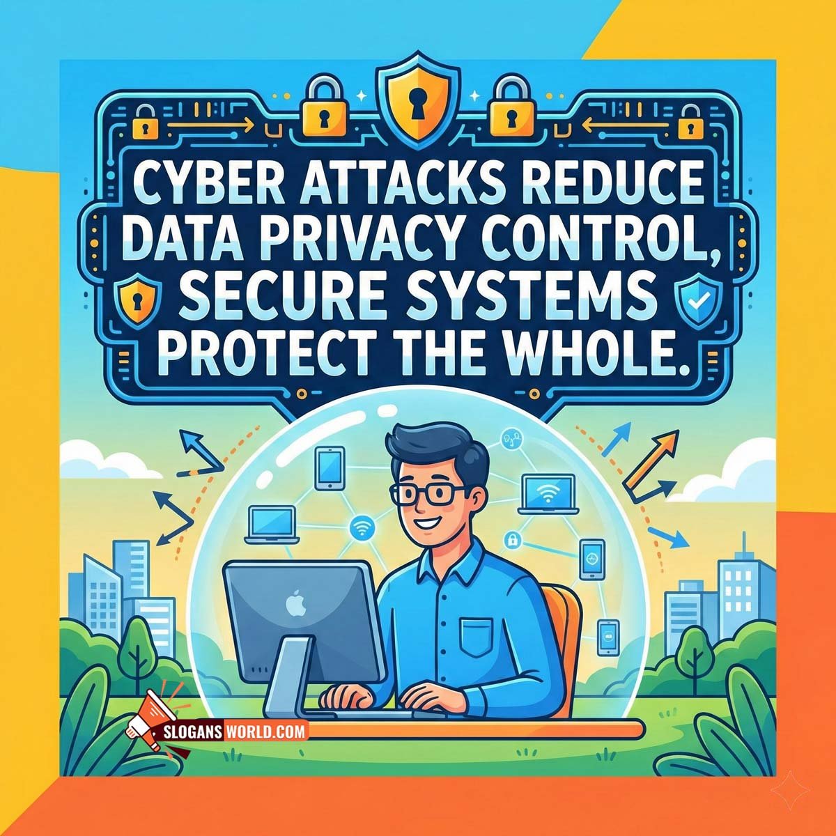 Cyber Security and Data Privacy Slogan Image featuring a professional working inside a digital security shield with connected devices, symbolizing system protection and cyber safety.