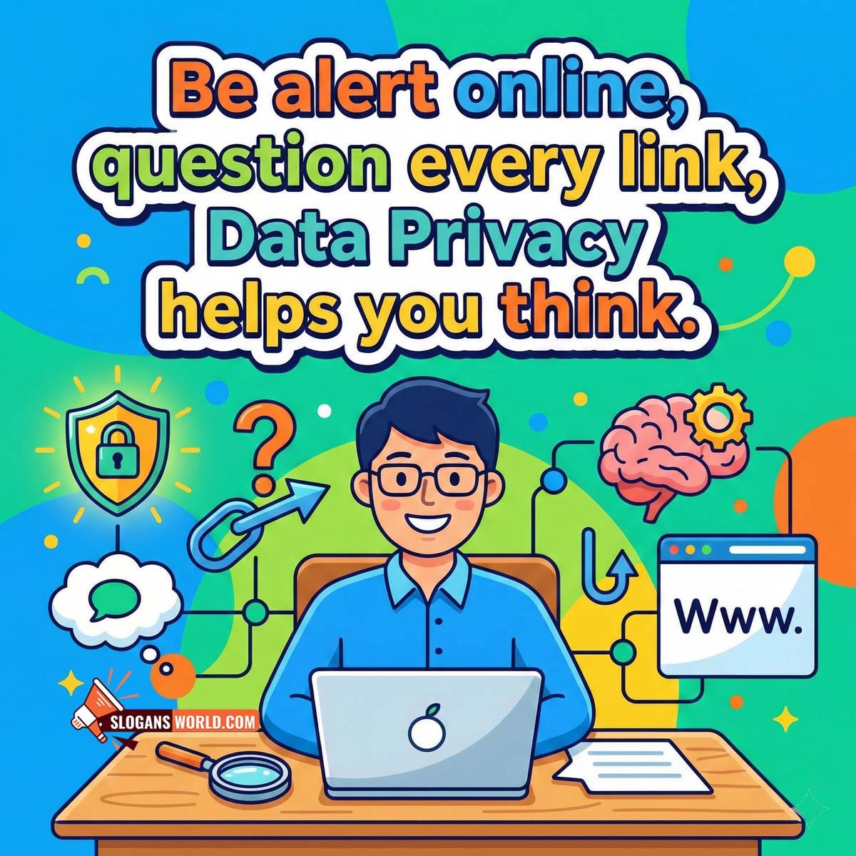 Data Privacy Awareness Slogan Image featuring a user thinking at a desk with warning icons, links, and brain symbols, symbolizing alert online behavior and critical thinking.
