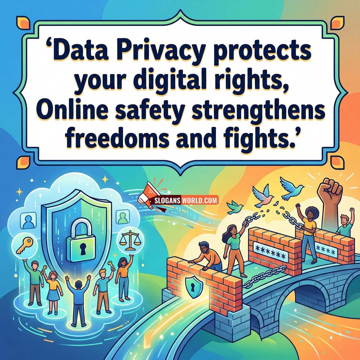 Data Privacy Slogan on Digital Rights and Online Safety Image featuring people breaking chains near a secure shield and justice symbols, symbolizing freedom, rights, and strong online safety.