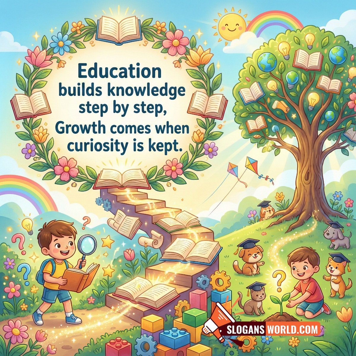 Education Builds Knowledge Step by Step Slogan Image featuring children climbing book stairs, curiosity symbols, and a knowledge tree, symbolizing gradual learning and growth through exploration.
