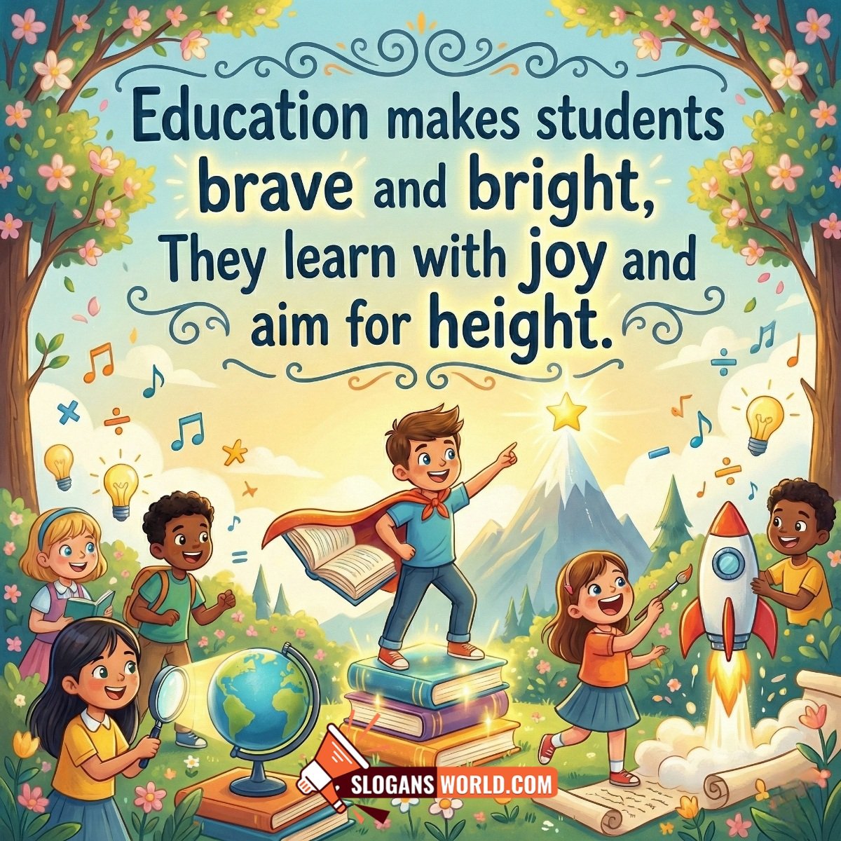 Education Makes Students Brave and Bright Slogan Image featuring confident children with books, rockets, stars, and learning tools, symbolizing courage, curiosity, and aiming high through education.