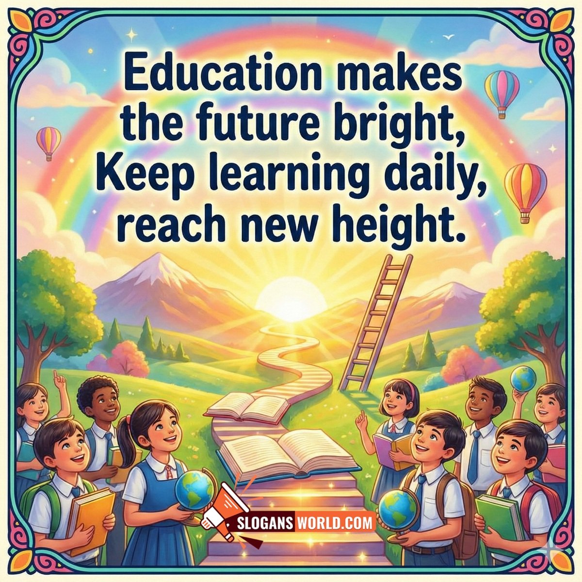 Education Makes the Future Bright Slogan Image featuring school children holding books and globes, a rising sun, open books as steps, and a glowing path, symbolizing learning leading to success and higher goals.