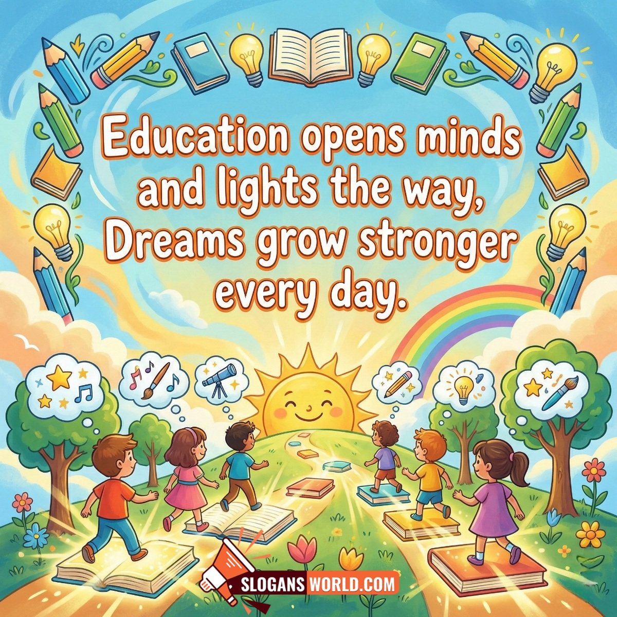 Education Opens Minds Dreams Grow Slogan Image featuring children walking on books toward sunshine with ideas, symbols of creativity, and joyful learning, symbolizing daily growth through education.