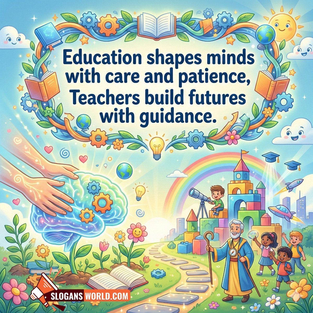 Education Shapes Minds Teachers Build Futures Slogan Image featuring a guiding teacher, growing minds, books, gears, and a learning path, symbolizing patience, guidance, and future building.