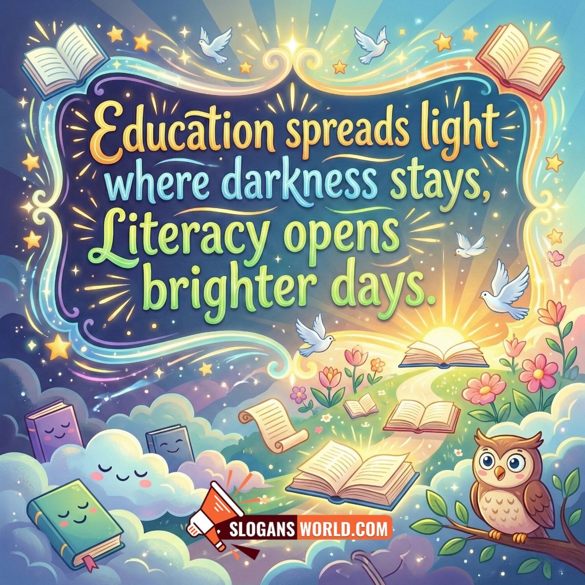 Education Spreads Light Literacy Opens Days Slogan Image featuring glowing books, doves, stars, and light in darkness, symbolizing literacy bringing hope, wisdom, and brighter lives.