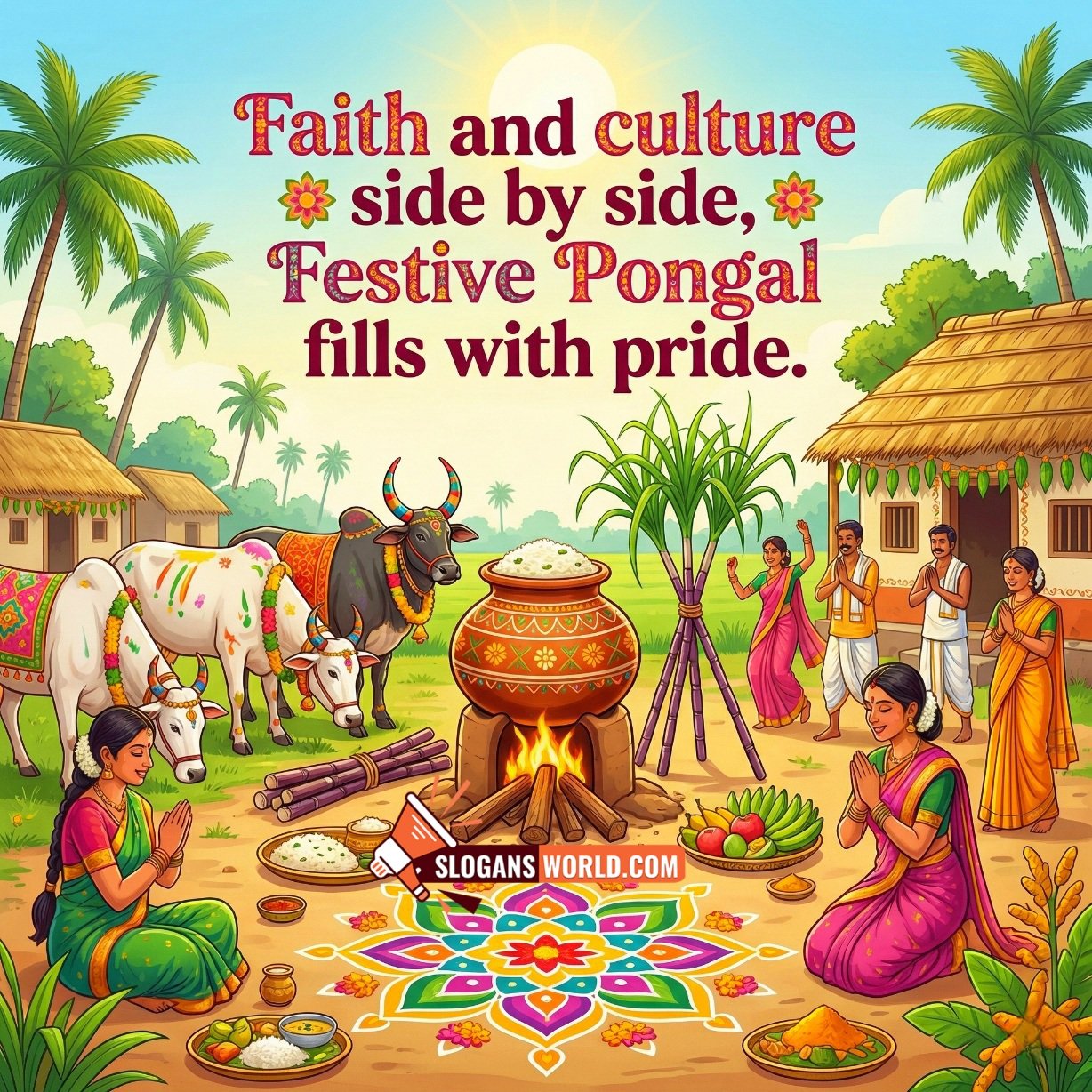 Festive Pongal Slogan Image for Culture and Pride, showing a village Pongal pot on fire, sugarcane bundles, decorated cows, people praying, colourful kolam, and thatched huts in warm sunlight.