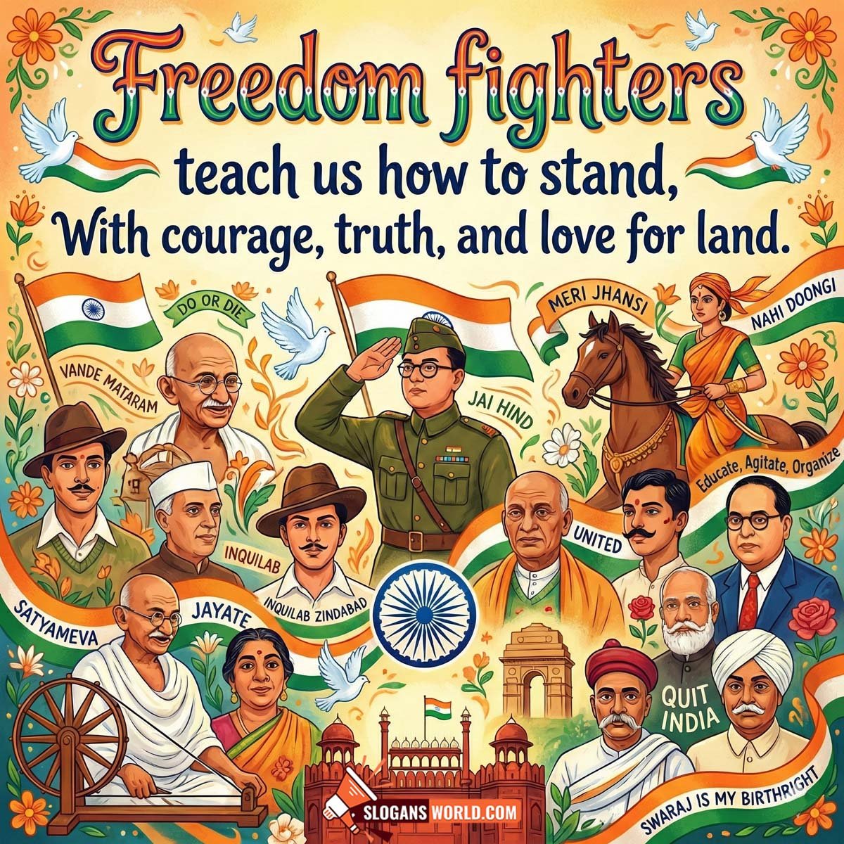 Freedom Fighters Slogans for Schools and Students Image featuring young-friendly illustrations of freedom fighters, flags, and values, symbolizing learning, inspiration, and civic responsibility for students.