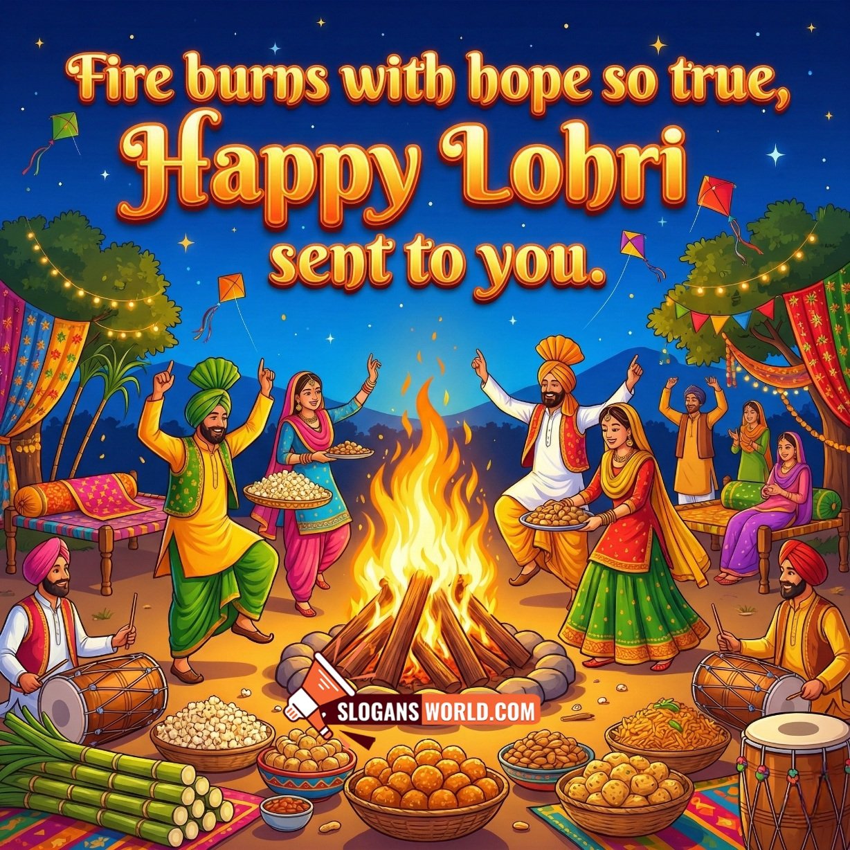 Happy Lohri Slogan for Hope and Good Wishes, showing a cheerful Lohri gathering around a bonfire with kites, festive lights, dhol celebration and traditional bowls of snacks, sharing warmth and blessings.