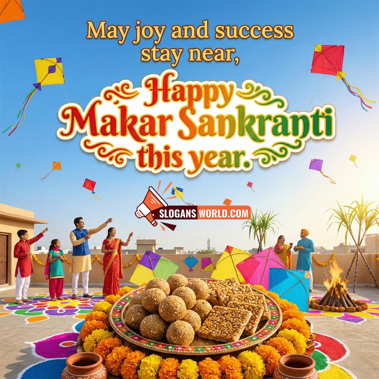Happy Makar Sankranti Slogan Image for Joy and Success, featuring a rooftop celebration with flying kites, colourful rangoli, festive family moments, sweets platter, and a small bonfire.