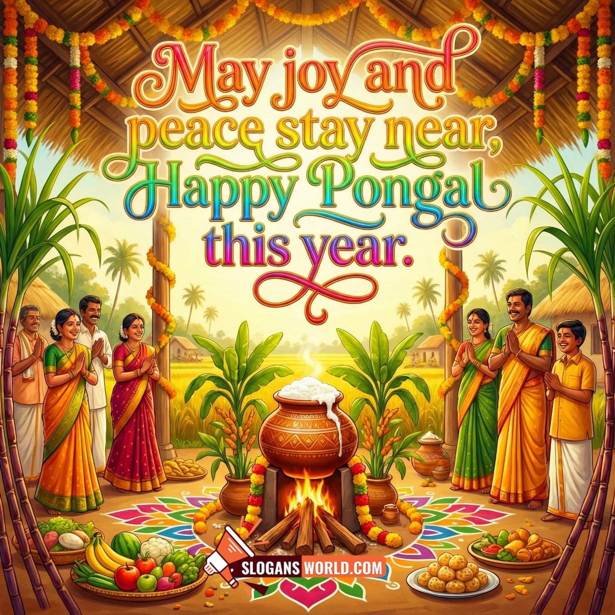 Happy Pongal Slogan Image for Joy and Peace, showing a festive hut setting with a boiling Pongal pot, sugarcane, flower garlands, family greetings, fruits, sweets, and colourful rangoli.