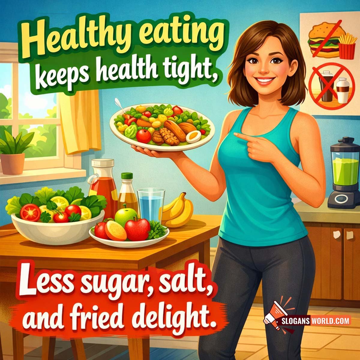 Healthy Eating Awareness Slogan Image featuring a woman choosing fresh food in a home kitchen while avoiding junk food, symbolizing smart dietary choices for better health.