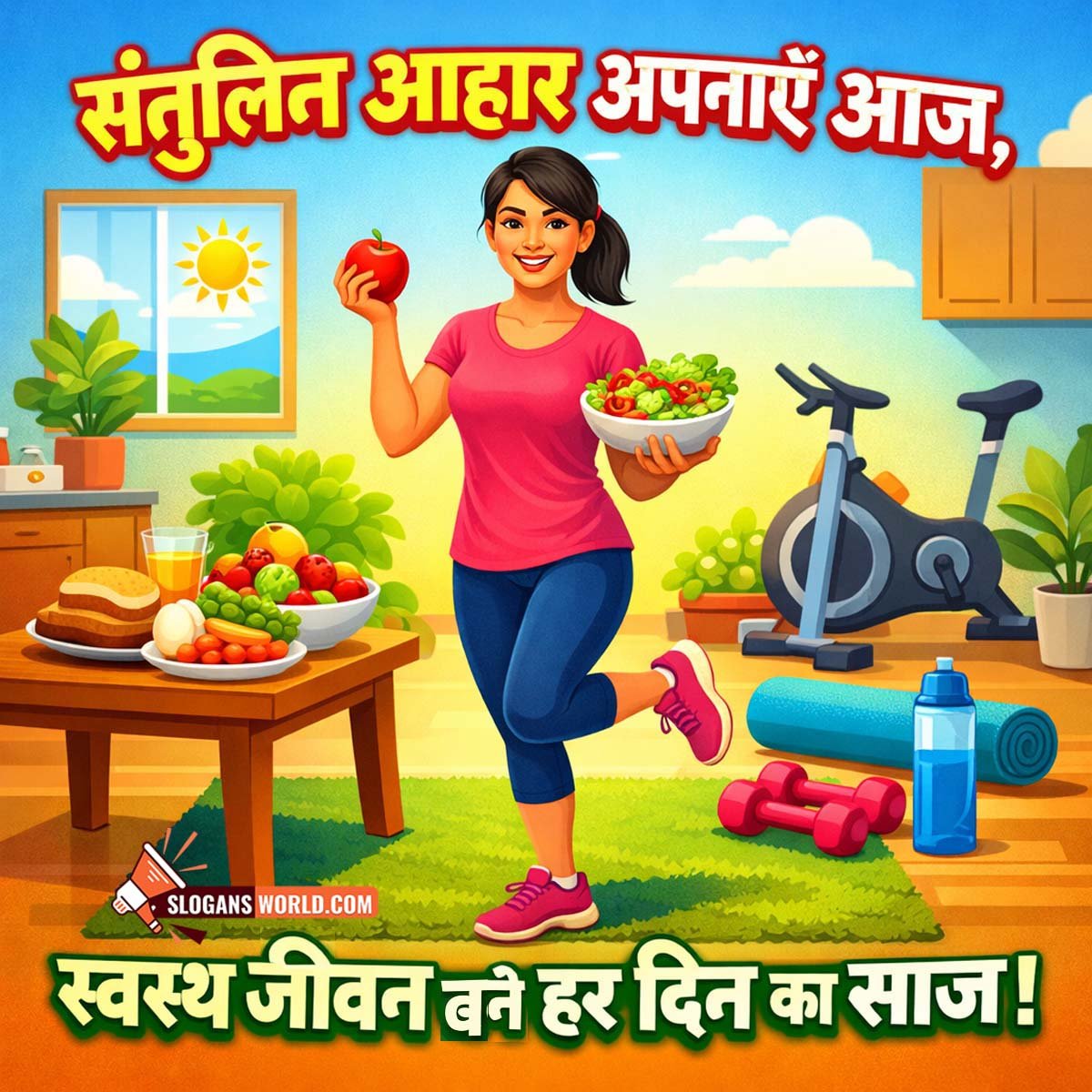 Hindi Balanced Diet and Healthy Lifestyle Slogan Image featuring a woman holding fruits and salad in a home fitness setting, symbolizing daily wellness through balanced eating and active living.