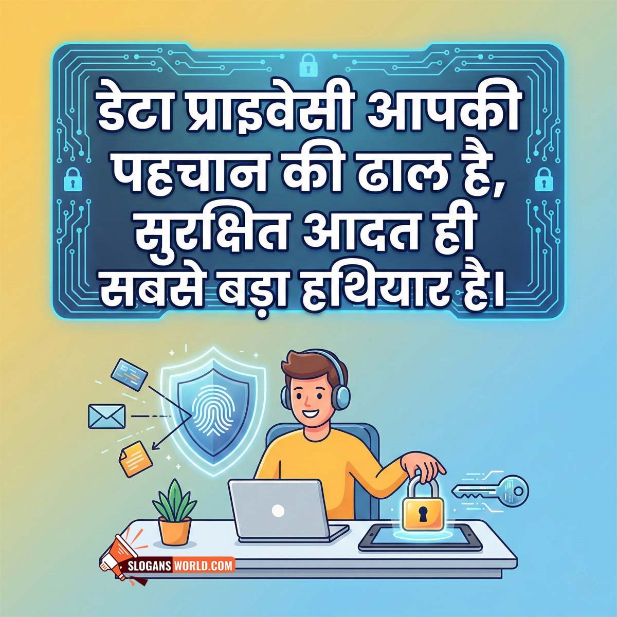 Hindi Data Privacy Awareness Slogan Image featuring a user working on a laptop with digital locks, shield icons, and protected data symbols, symbolizing personal identity protection and safe online habits.