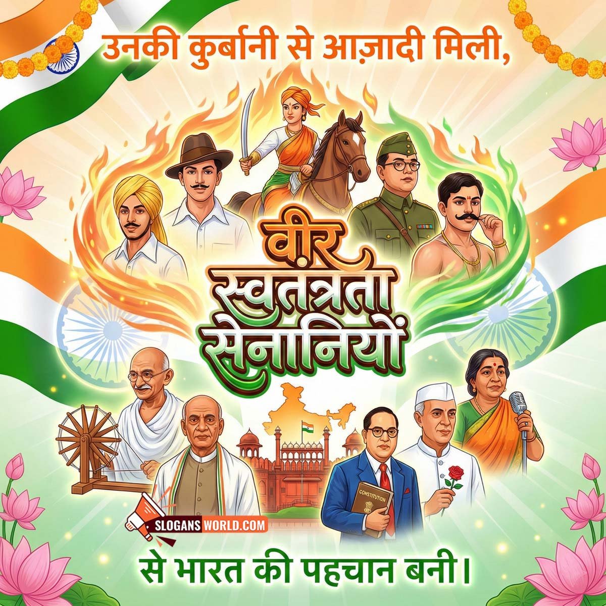 Hindi Slogans Honouring India’s Freedom Fighters Image featuring Hindi patriotic text, legendary leaders, and tricolour themes, symbolizing cultural pride and respect for India’s freedom legacy.