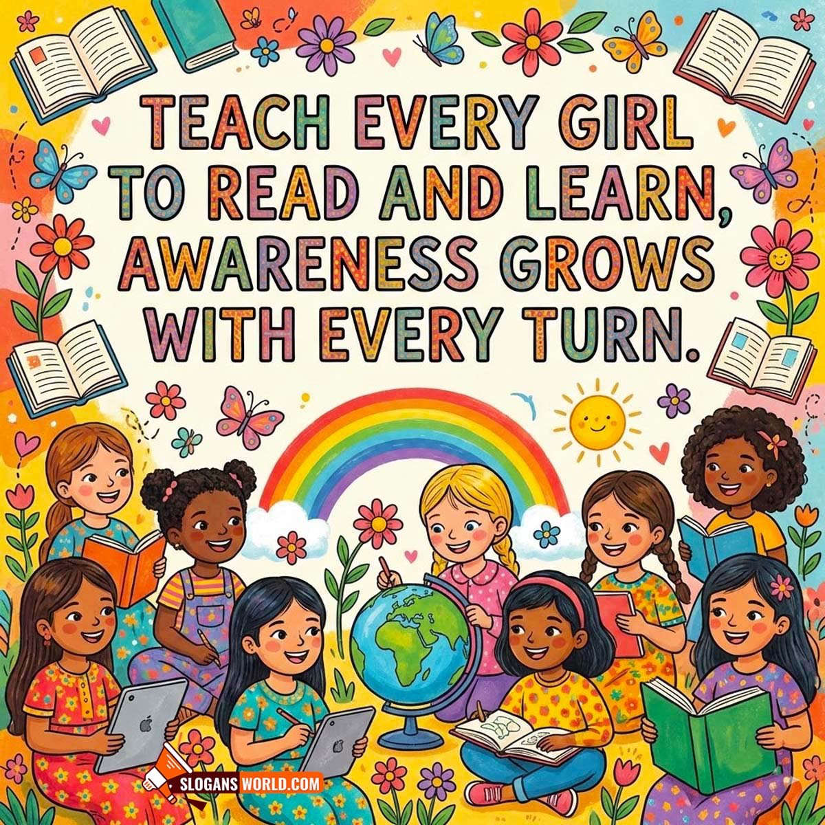 International Girl Child Day Education Slogan Image on Reading, Learning, and Awareness, cute group of girls studying with books, globe, rainbow, flowers, and bright classroom-like happy vibes.
