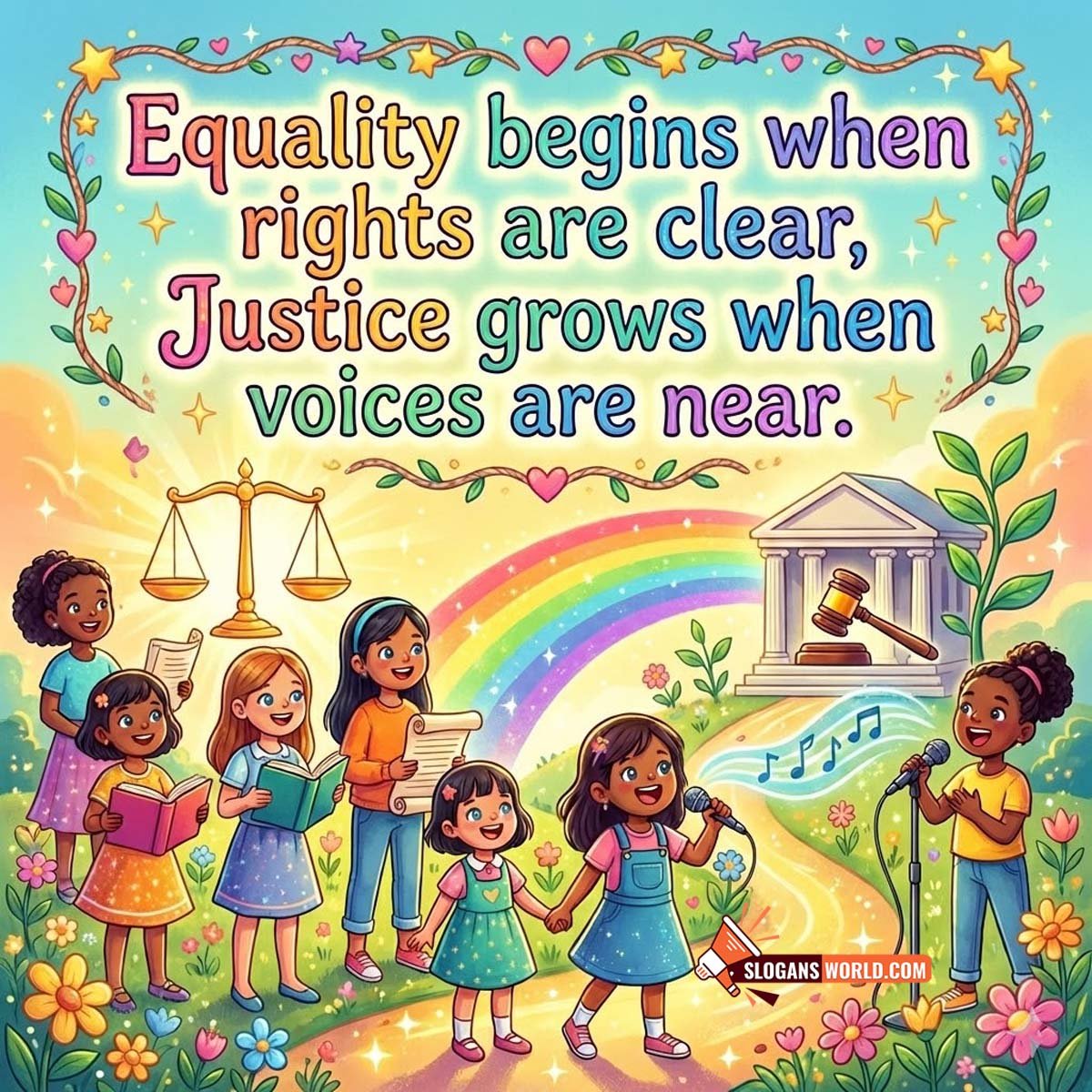 International Girl Child Day Equality Rights Slogan Image on Justice and Strong Voices, kids holding books and papers with a microphone, justice scales, courthouse and gavel icons, and a rainbow garden background.