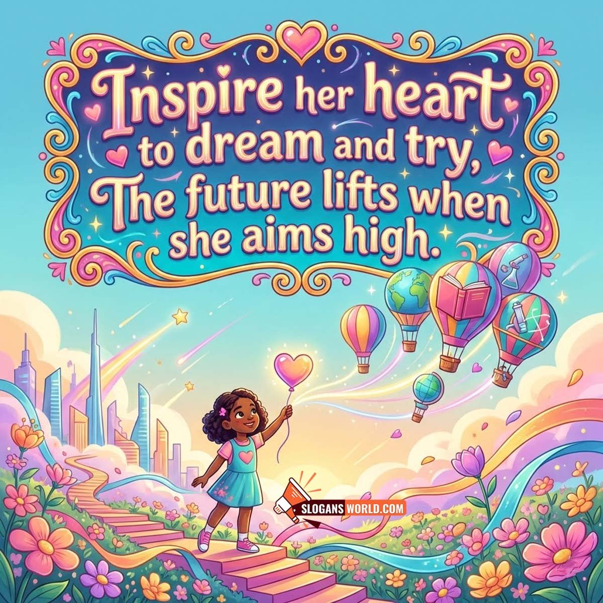 International Girl Child Day Inspirational Slogan Image to Dream Big and Aim High, a joyful girl on steps with heart balloon, colourful sky trails, and hot air balloons carrying study symbols near a modern city skyline.