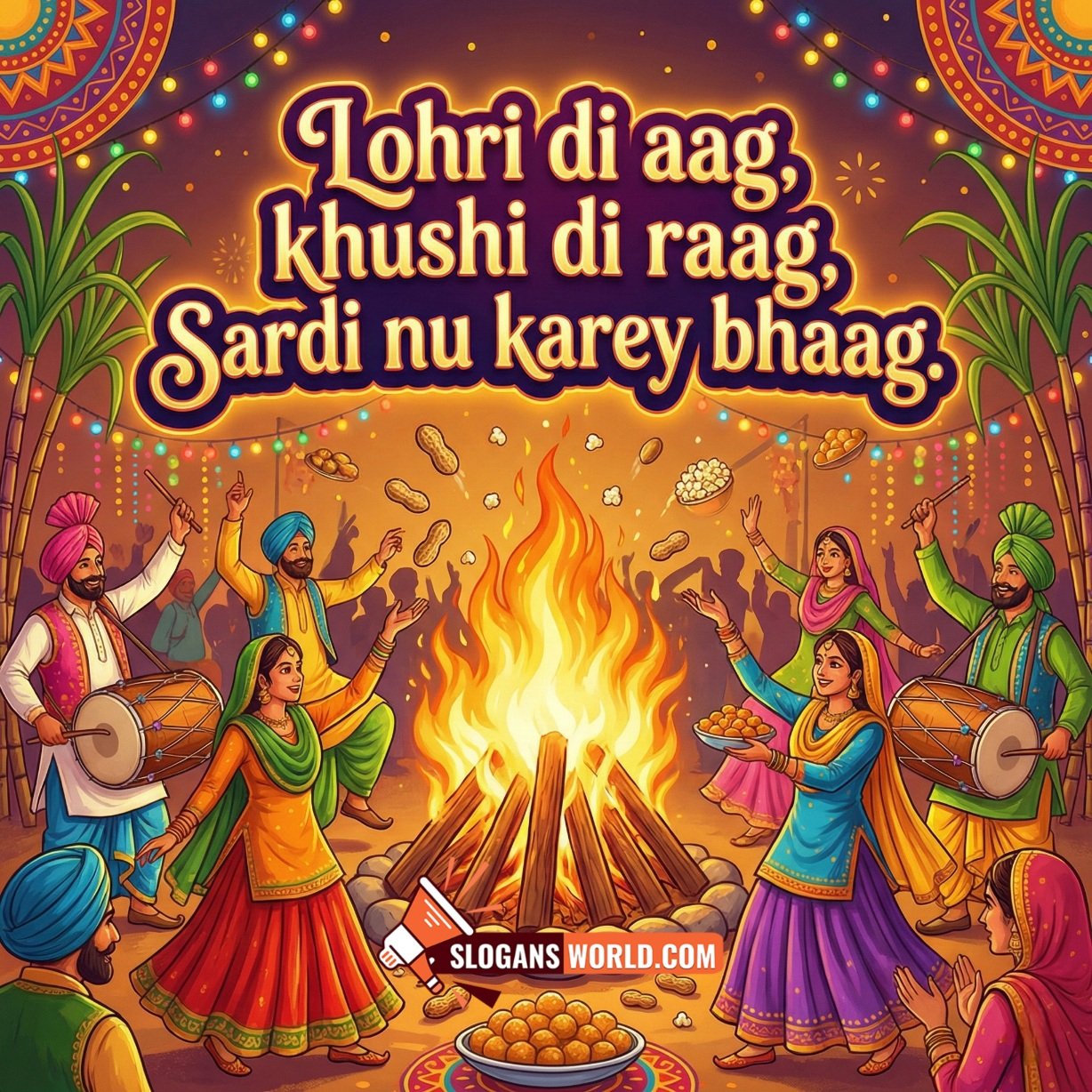 Lohri Punjabi Slogan for Khushi and Winter Warmth, with a glowing bonfire in the centre as people dance and play dhol under colourful lights, spreading happiness and driving away winter chill.