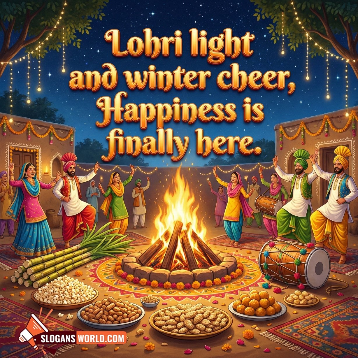 Lohri Slogan for Winter Cheer and Happiness, showing a joyful Lohri night with a glowing bonfire, bhangra dancers, dhol music, and festive treats, creating a warm winter celebration mood.