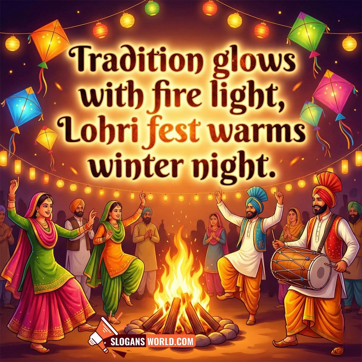 Lohri Slogan for Warm Winter Night Celebration, showing a joyful Lohri bonfire with Punjabi dancers, dhol beats, colourful kites and glowing lantern lights, creating a festive winter warmth vibe.