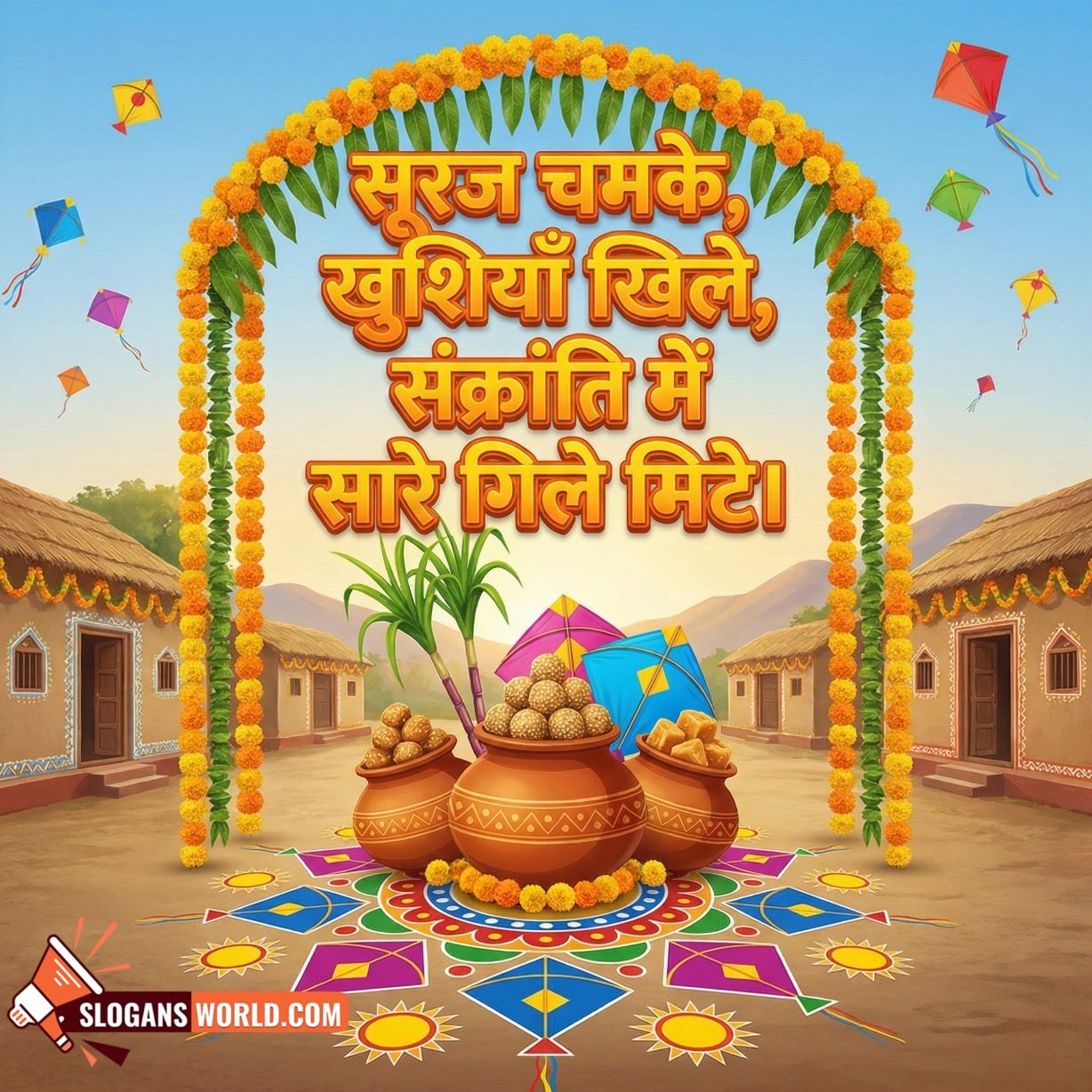 Makar Sankranti Hindi Slogan Image for Sweet Celebrations, showing a village-style festive scene with marigold decor, clay pots, sugarcane, laddus, til sweets, and kites in the sky.
