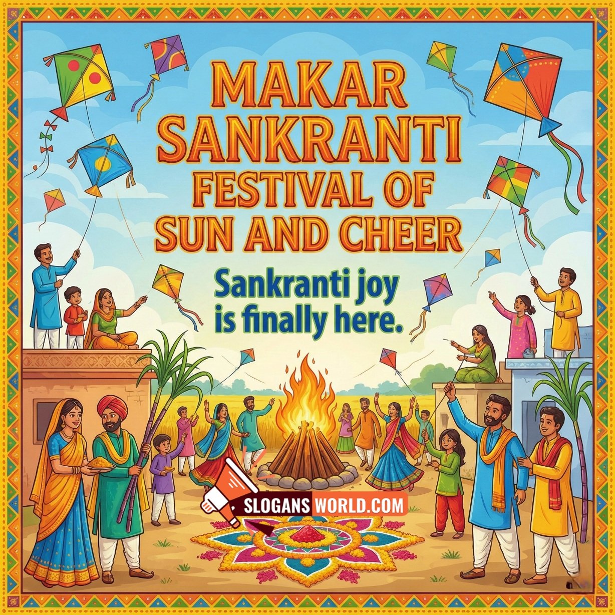 Makar Sankranti Slogan Image for Festival of Sun and Cheer, featuring a festive gathering with a bonfire, kite flying, bright rangoli, traditional outfits, and a cheerful sky scene.
