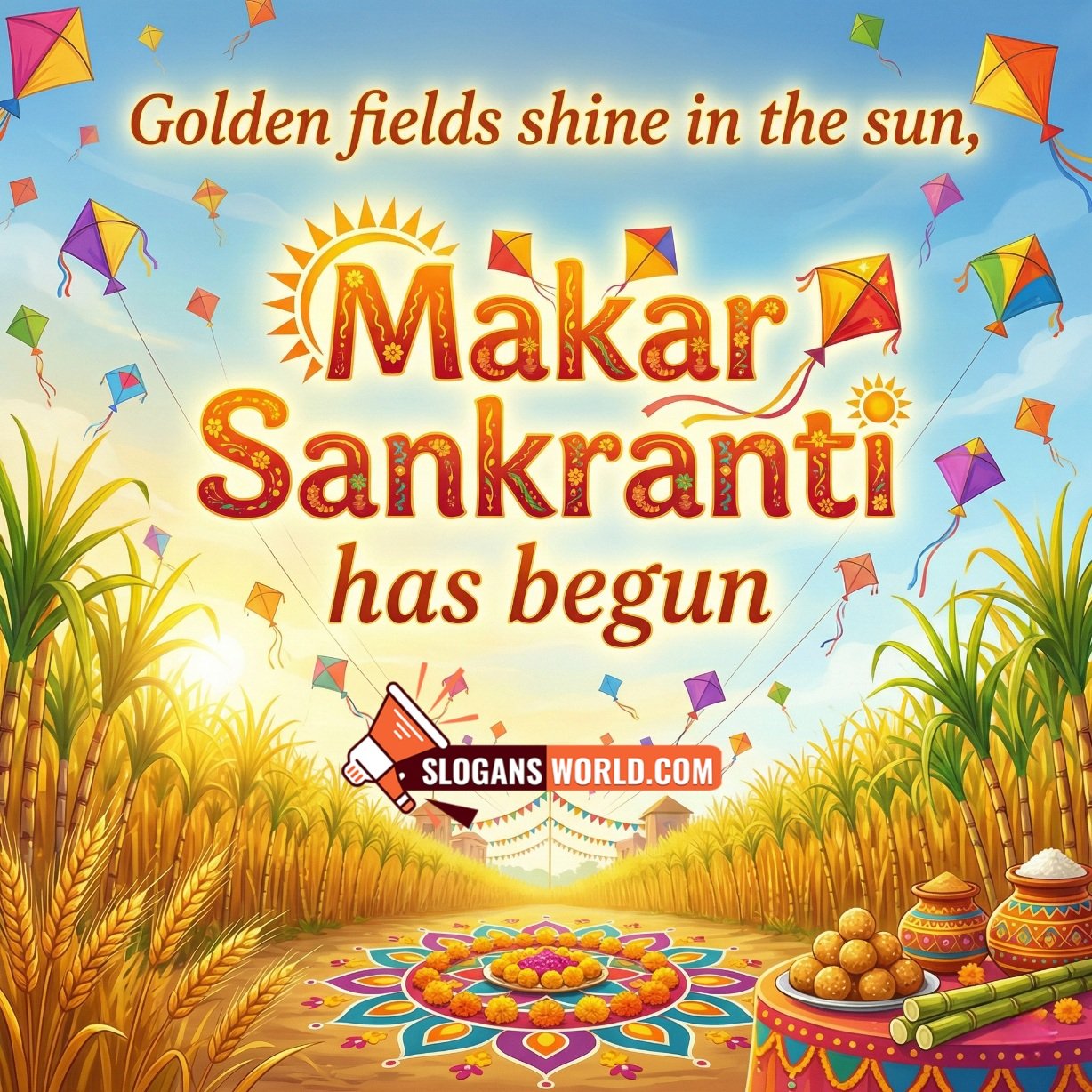 Makar Sankranti Slogan Image for Golden Harvest Season, showing golden crop fields with a festive rangoli path, sugarcane and sweets, sunshine, and kites flying.