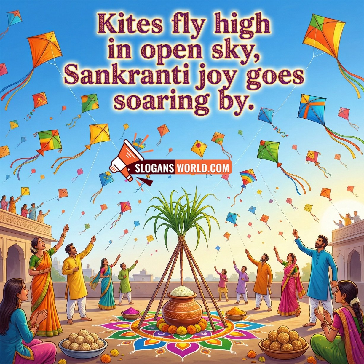 Makar Sankranti Slogan Image for Kite Festival Joy, showing a rooftop kite-flying celebration with colourful kites, festive family, sugarcane setup, rangoli, and traditional sweets.