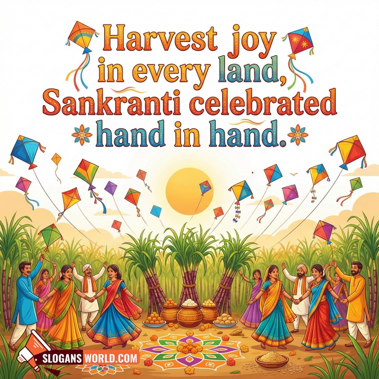 Makar Sankranti Slogan Image for Togetherness and Harvest Joy, showing people celebrating in green fields with sugarcane bundles, festive dance, rangoli, and colourful kites under the sun.
