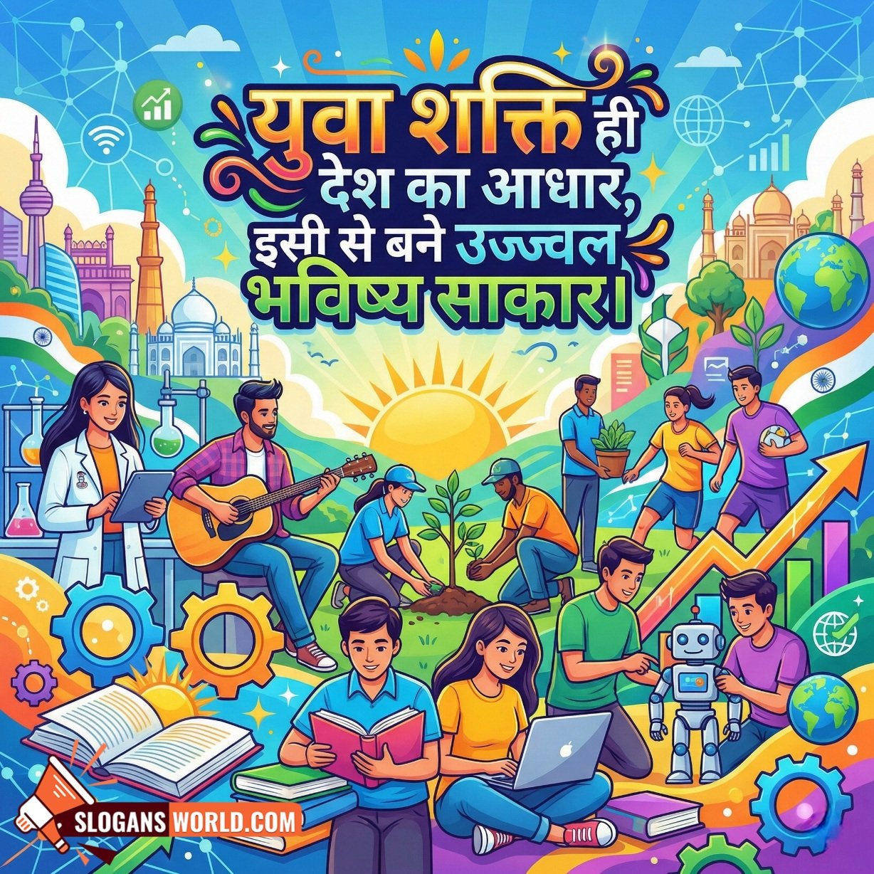 National Youth Day Hindi Slogan for a Bright Future image featuring confident youth involved in learning, creativity, and positive social activities in a bright India themed scene, symbolizing hope and national progress.