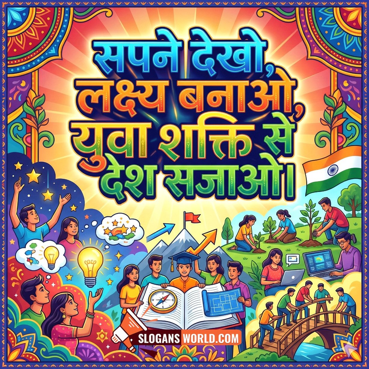 National Youth Day Hindi Slogan to Dream Big and Build the Nation image featuring inspired youth studying, planning, and working together for a better future in an India inspired celebratory design, symbolizing ambition and nation building.