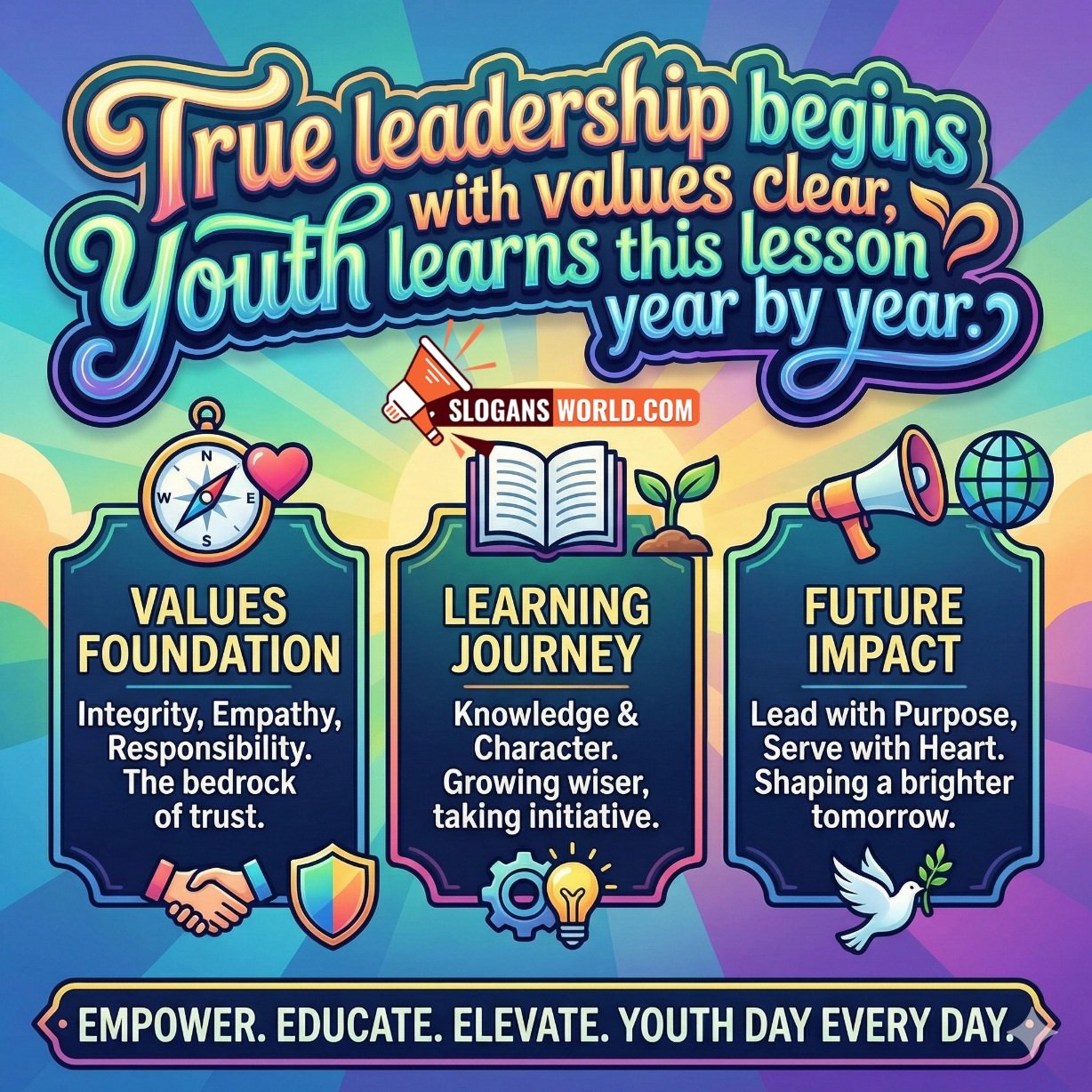 National Youth Day Slogan on True Leadership and Values image featuring a bold motivational poster style focused on values, learning, and responsible leadership, symbolizing integrity and purpose.