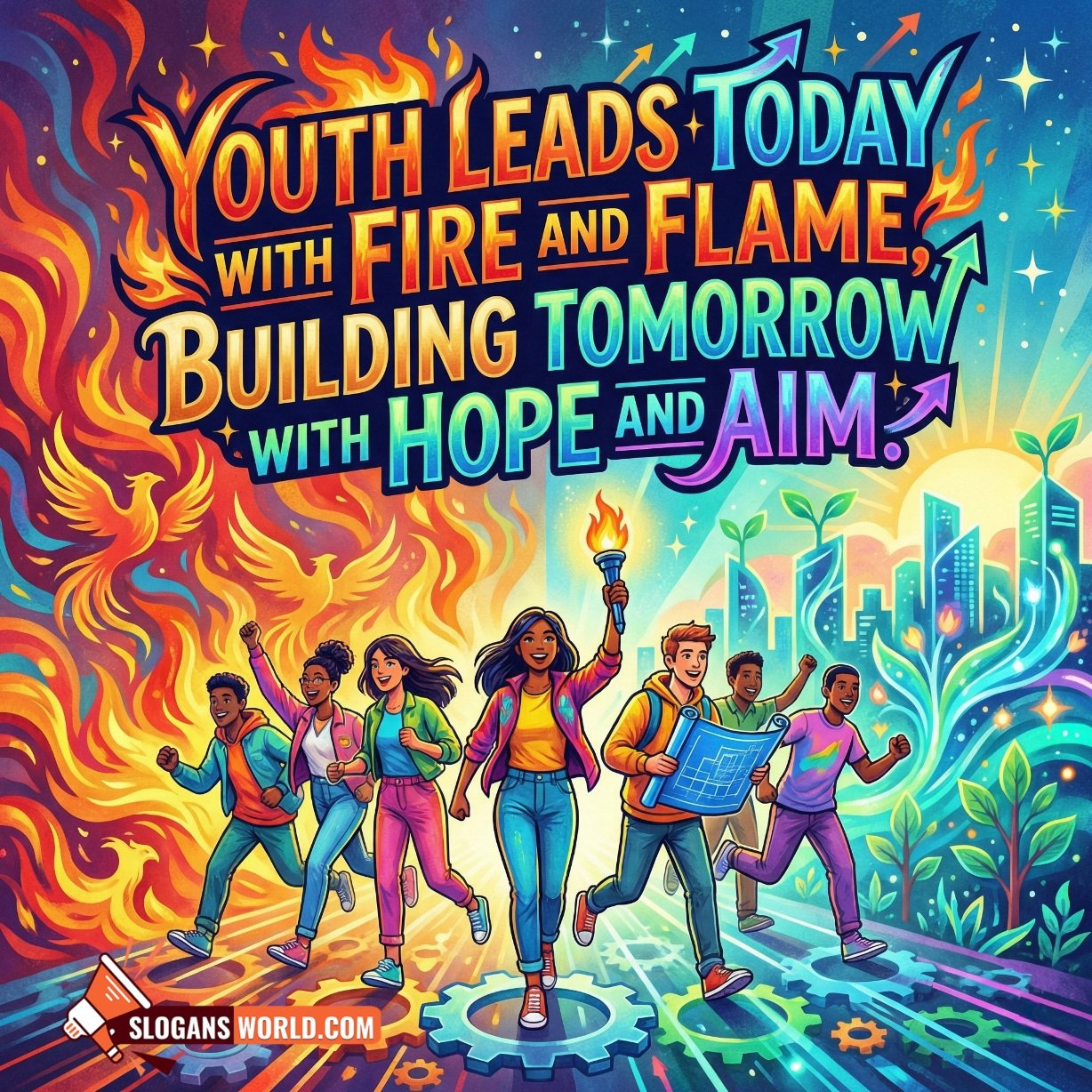 National Youth Day Slogan on Youth Power and Building Tomorrow image featuring energetic youth moving forward with confidence in a modern future themed scene, symbolizing courage, leadership, and growth.