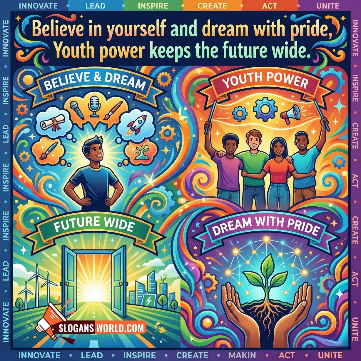 National Youth Day Slogan on Youth Power and Dreaming Big image featuring a bright motivational poster where young people are shown confident and united, with a future focused theme of dreams and progress, symbolizing self belief and a brighter tomorrow.