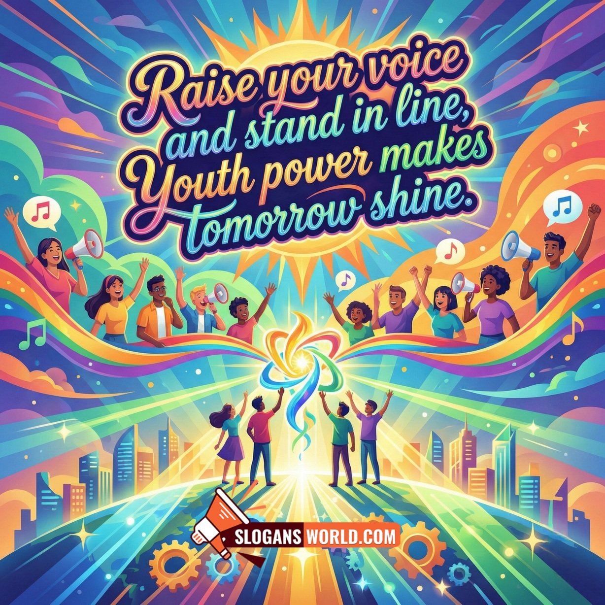 National Youth Day Slogan to Raise Your Voice and Shine Tomorrow image featuring a joyful youth group expressing ideas and unity in a vibrant celebratory scene, symbolizing confidence and togetherness.